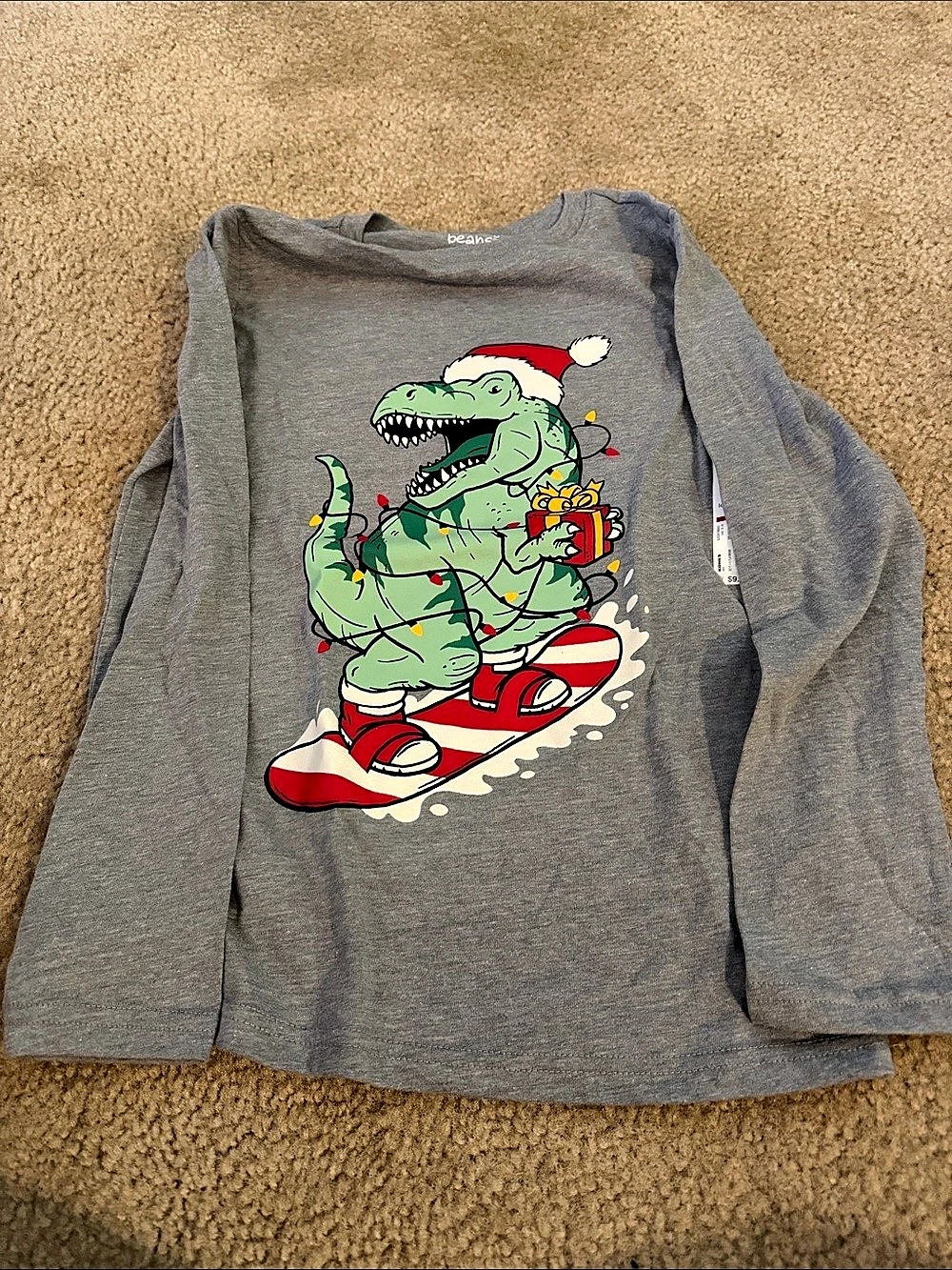 Jumping Beans Boys Christmas Dinosaur Snowboard Long Sleeve Tee Size 8